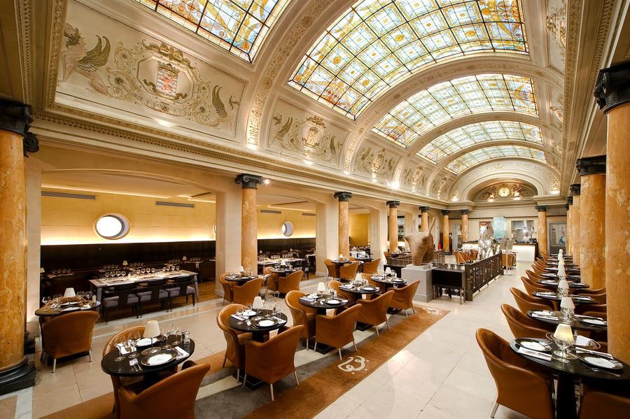 restaurant interior and glass ceiling at Belga Queen Brussels