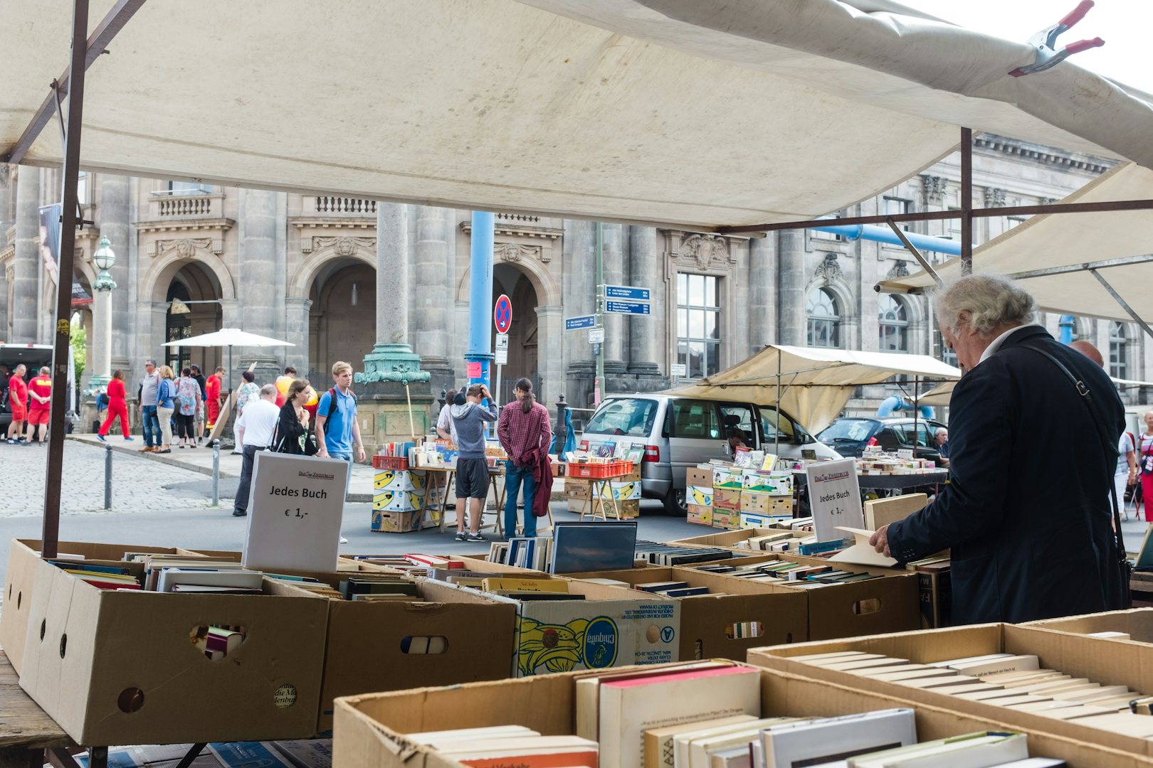 a stand with books at the Büchermarkt in Berlin