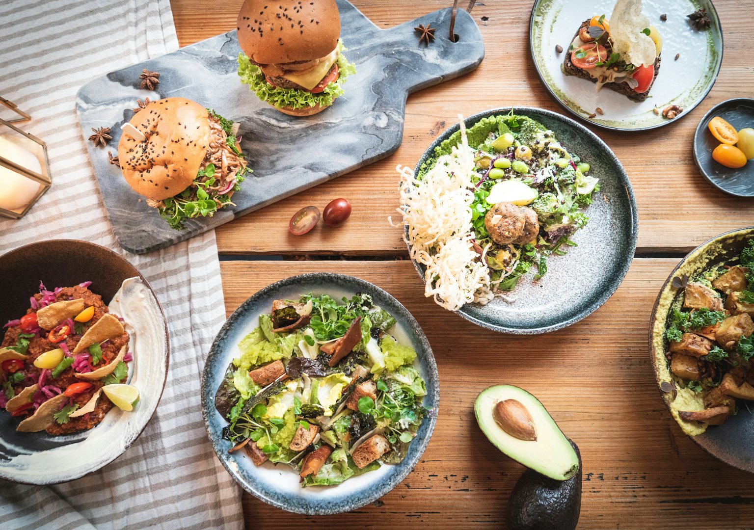 hamburgers and salads and guacamole from Souls