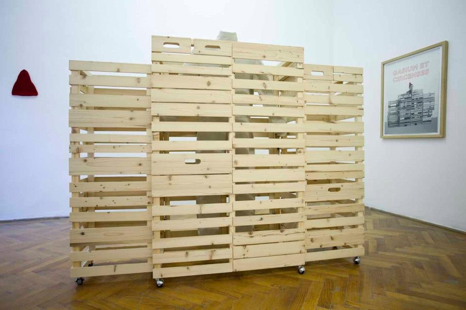 wooden installation at Knoll Gallery