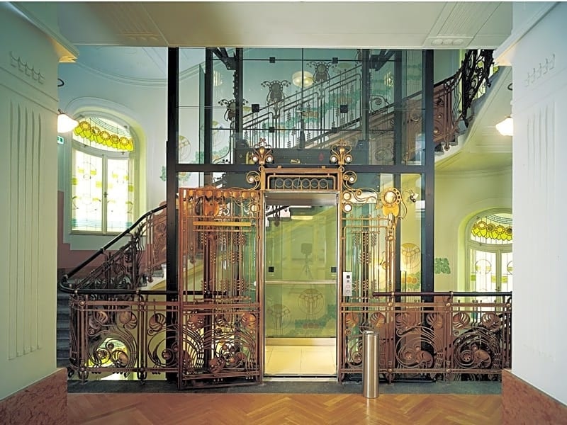 art nouveau style elevator at Hotel Central