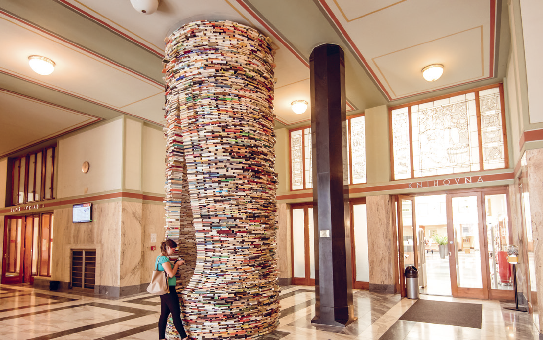 towers of books at Municipal Library