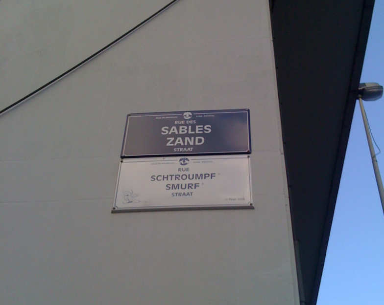 street sign of the rue Sables or rue Schtroumpf in Brussels