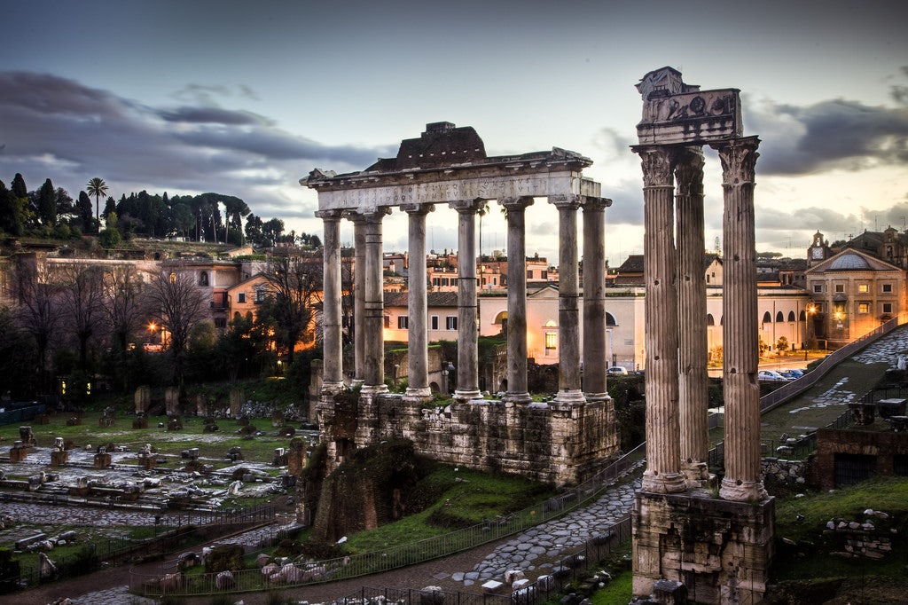 View at dusk of the Roman Forum