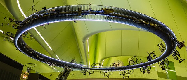 Bikes at an exhibition of The Riverside Museum in Scotland