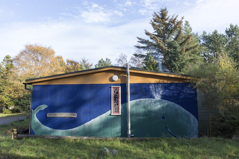 painting of a whale on a shed at the Findhorn Foundation