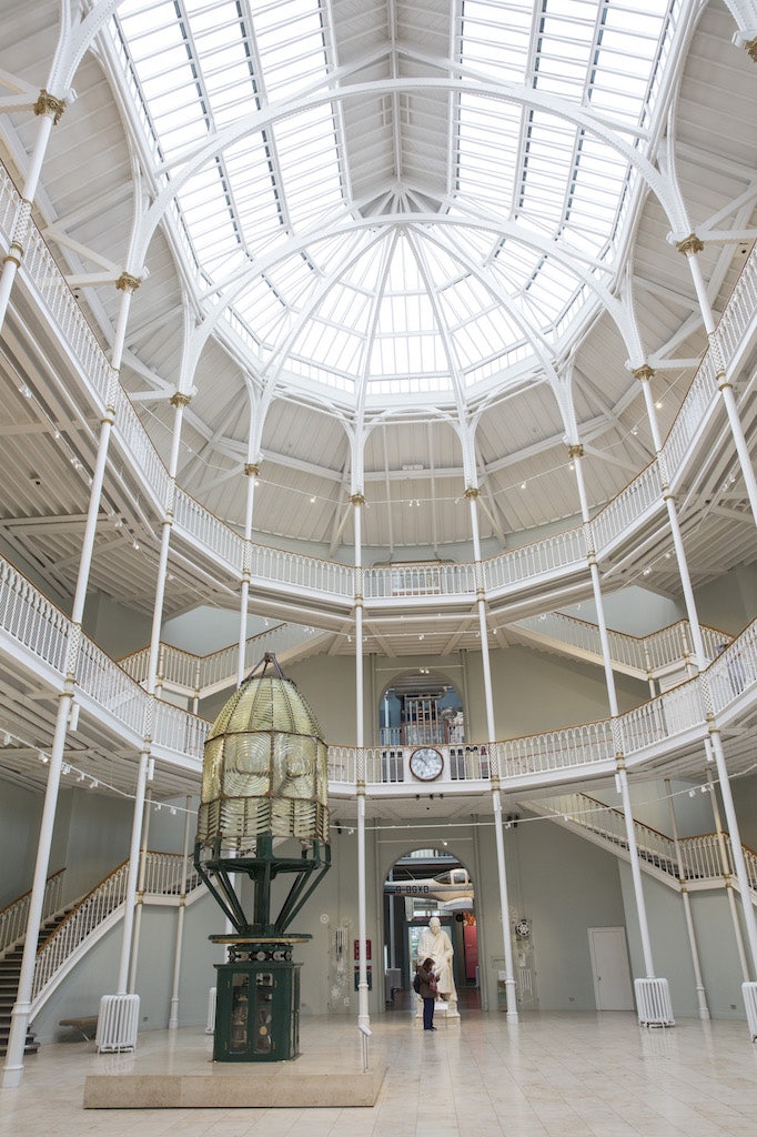 high and white exhibition room at the National Museum of Scotland