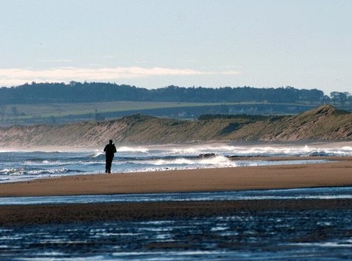 a man walking at the St Cyrus National Nature Reserve in Scotland