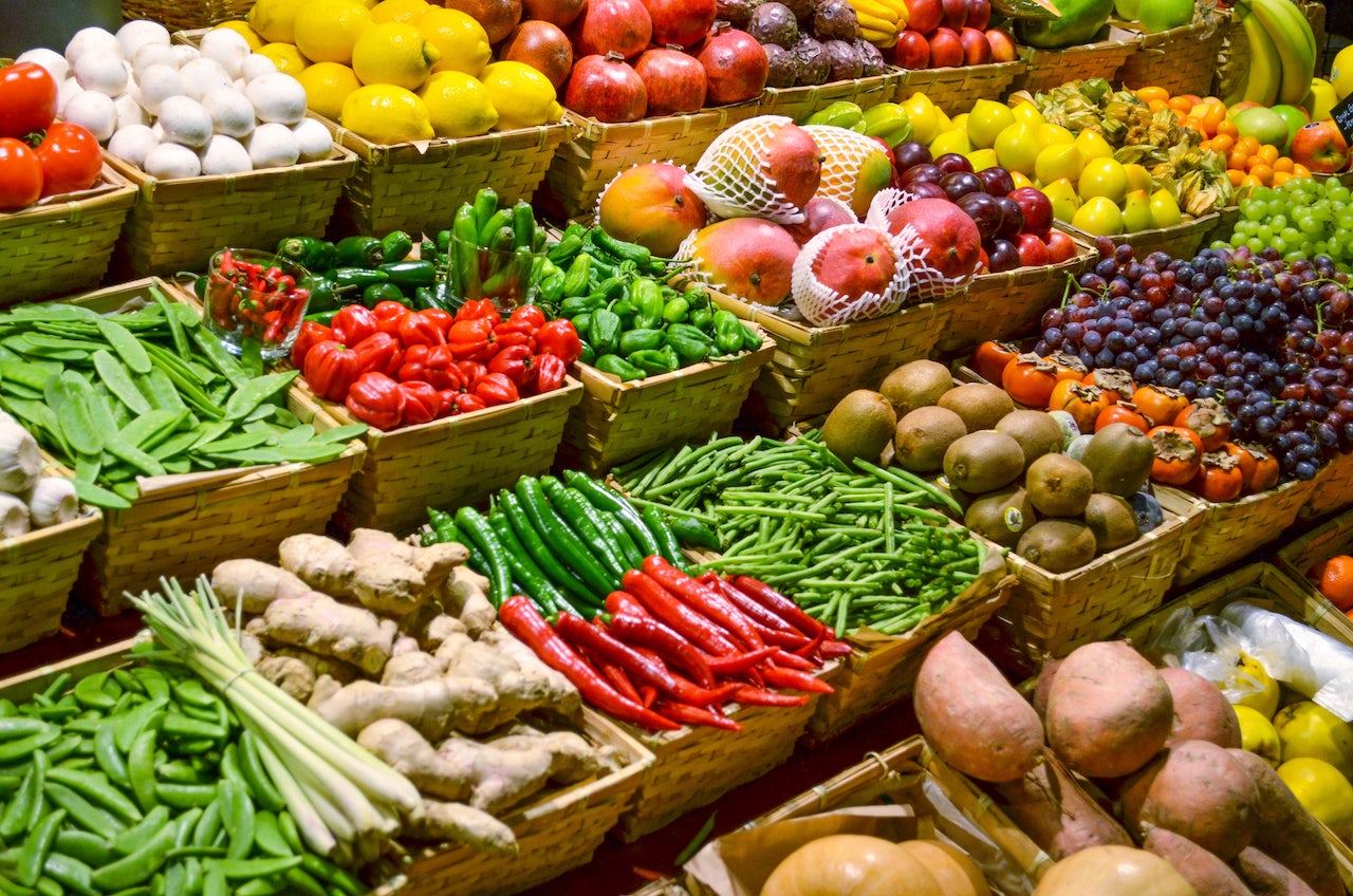 vegetables and fruits at a market