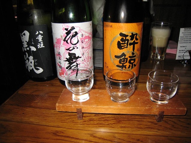 different bottles of sake