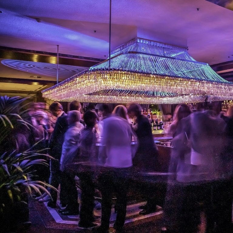 large crystal chandelier at the Intermezzo Bar in Vienna