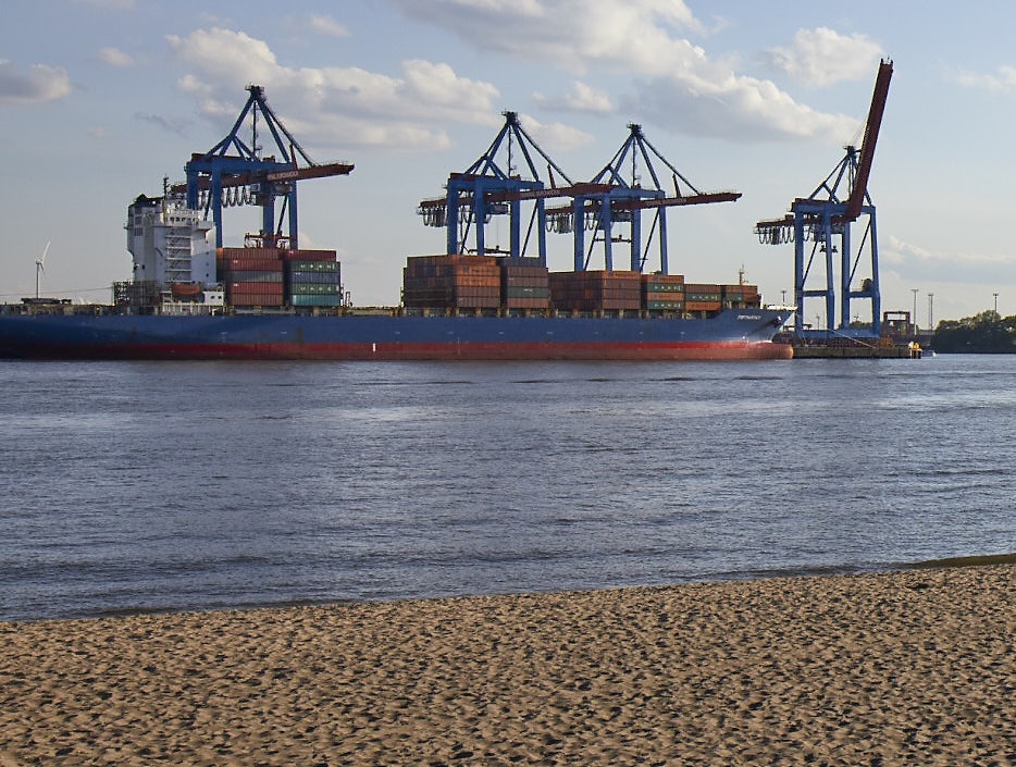 view of Hamburg's port from Elbstrand Oevelgönne