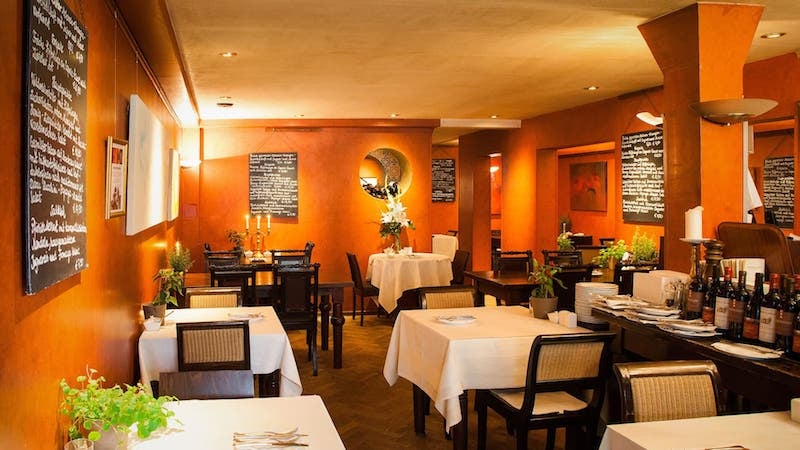 orange interior of Tassajara restaurant