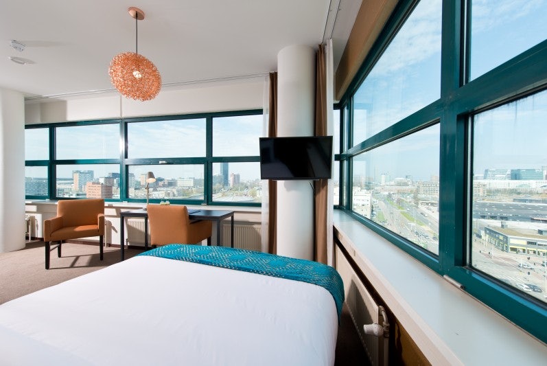 interior and view of a room at the Teleport Hotel The Hague