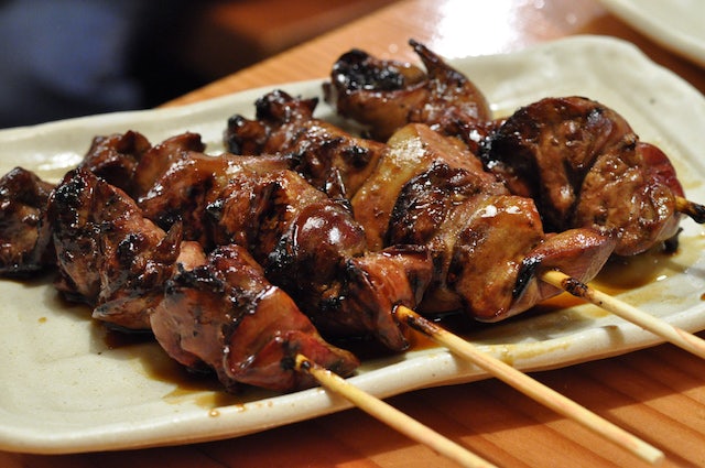 Yakitori skewers on a plate