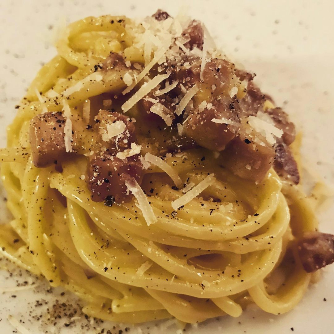 Brussels -  a plate of pasta carbonara at Le Sans 13