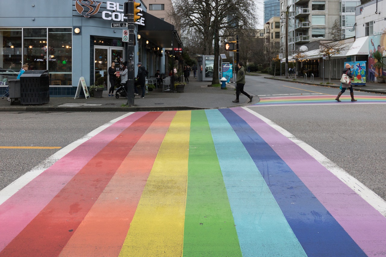 a rainbow crosswalk at Bute Street & Davie Street