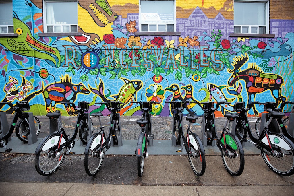 street art and parked bikes at the Roncesvalles Village in Toronto