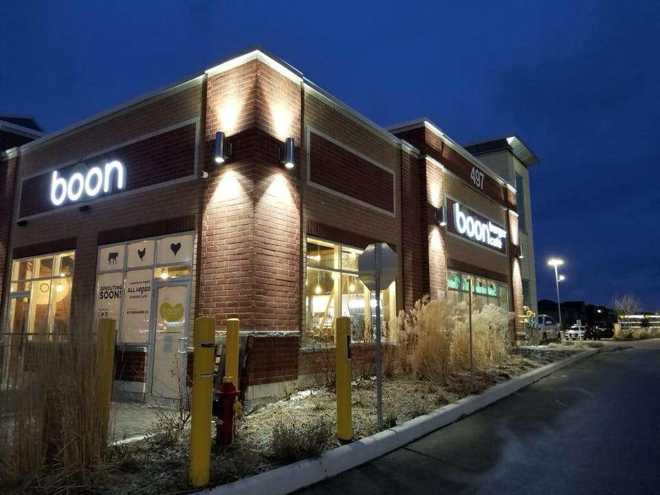 exterior of Boon Burger Cafe at night 