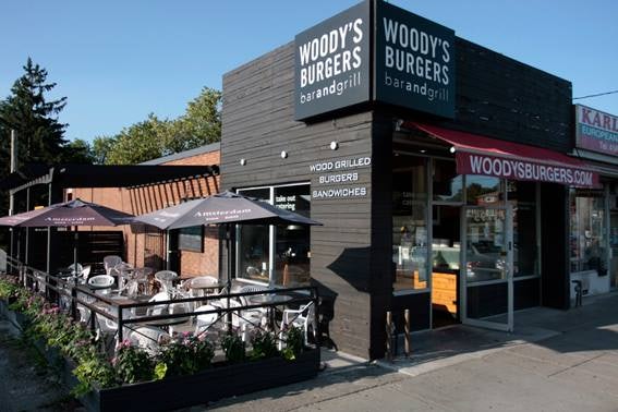 terrace and exterior of Woody's Burger in Toronto