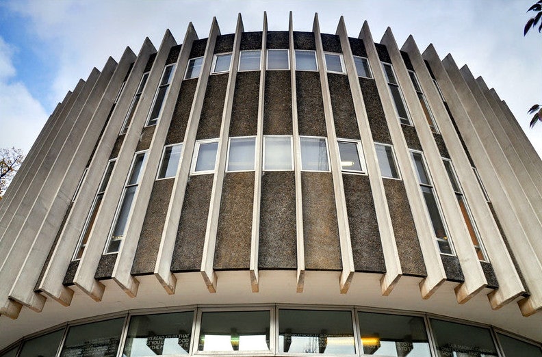 symmetrical exterior of the Swiss Cottage central Library London