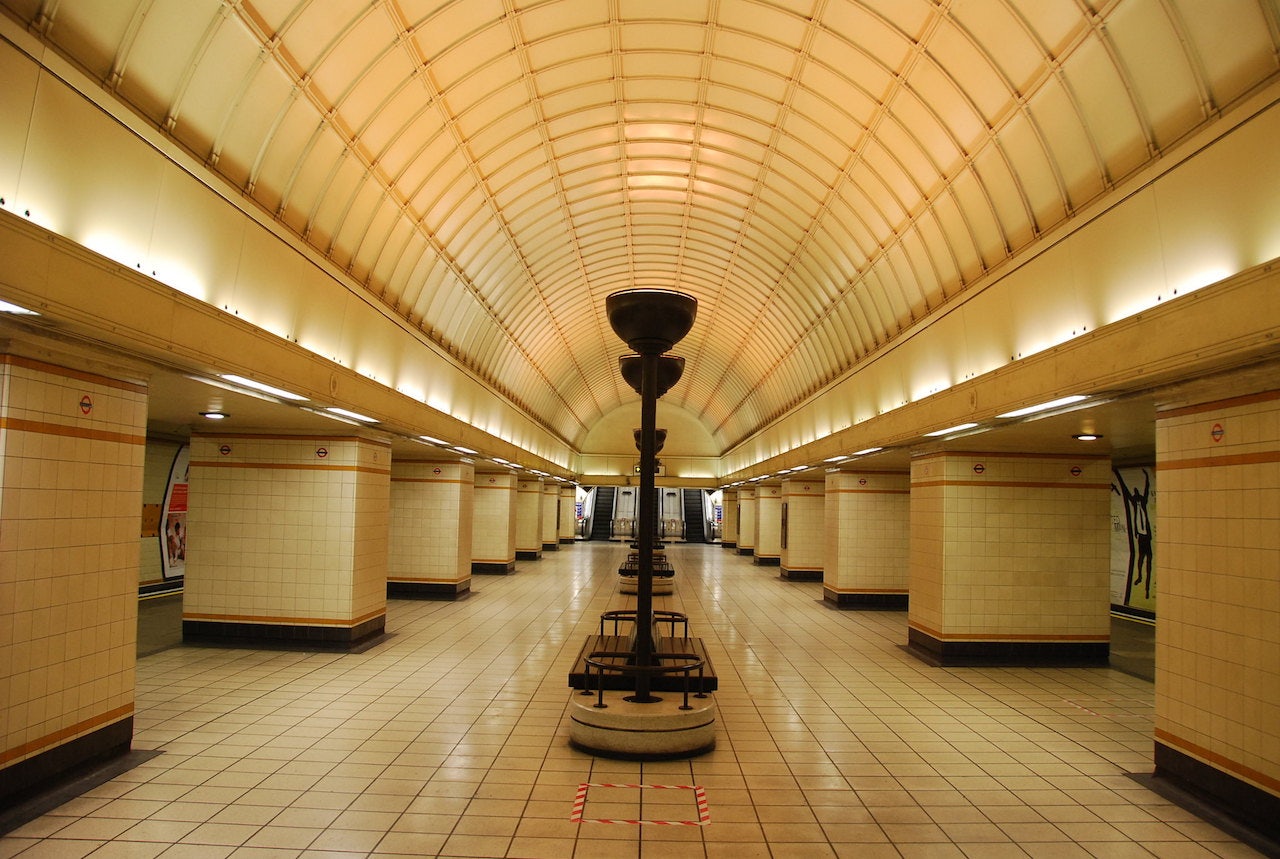 vintage interior of Gants Hill underground station in London