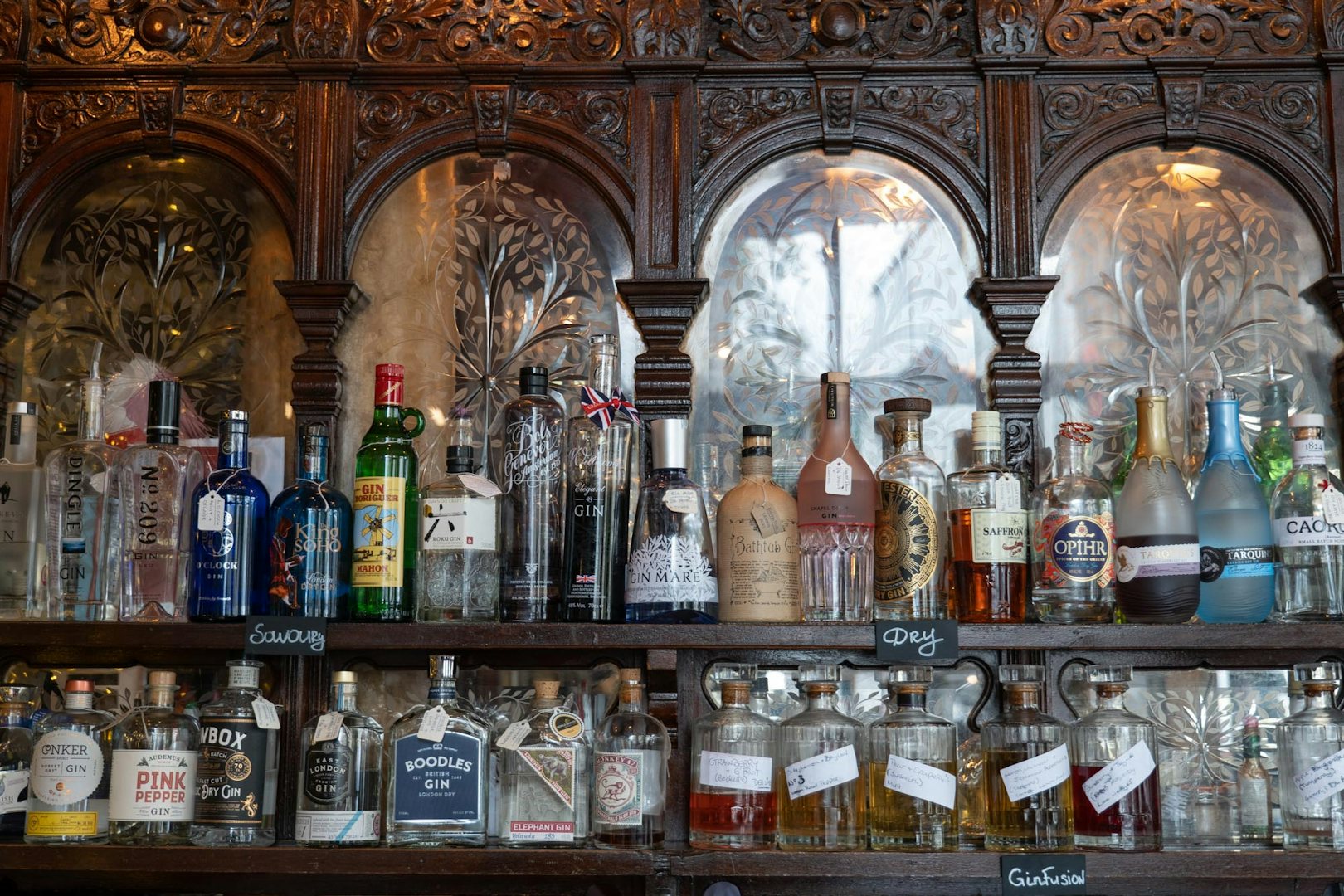 bottles of quality gin at the Viaduct Tavern