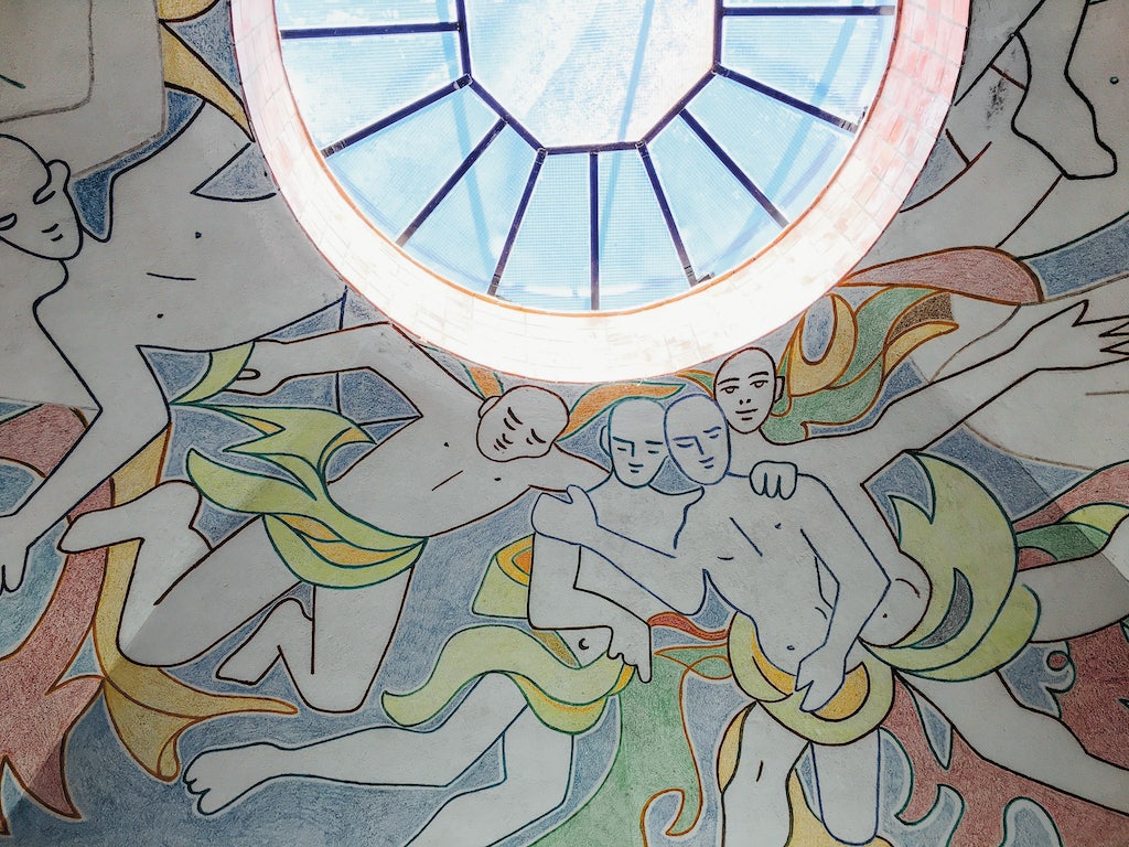 art by Jean Cocteau on the ceiling of the Chapelle Notre-Dame-de-Jérusalem