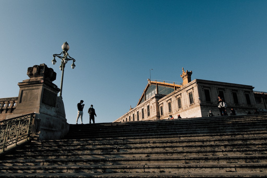 The Gare Saint-Charles against a bright blue sky