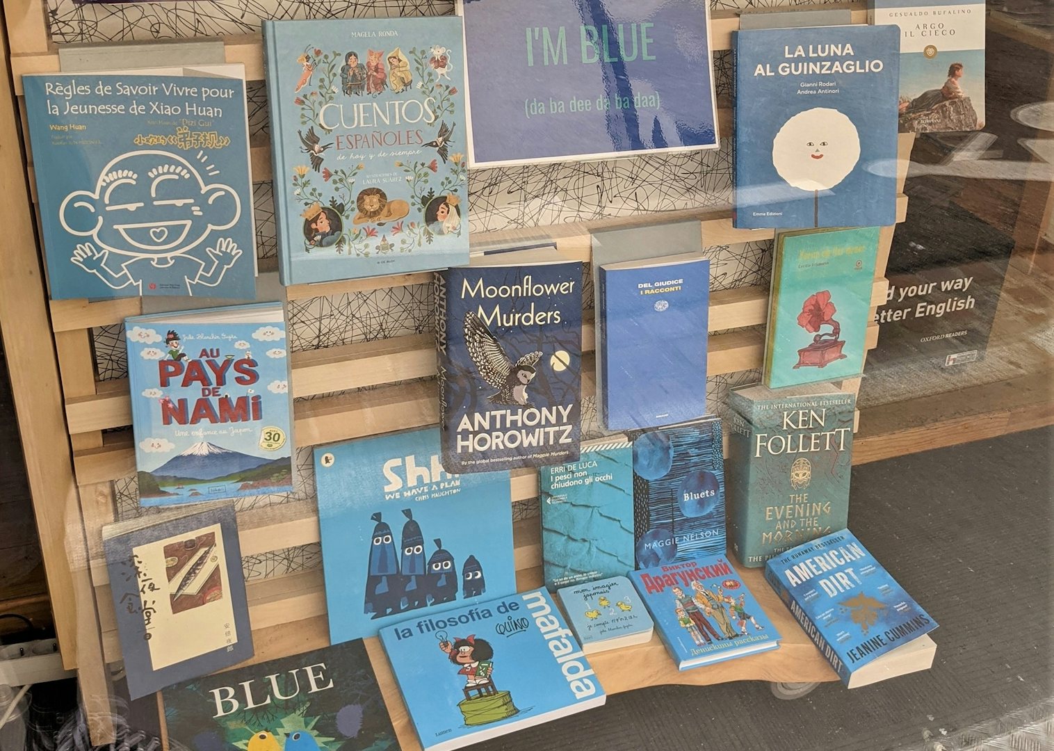 a collection of books with blue covers in the store window of Ombres Blanches