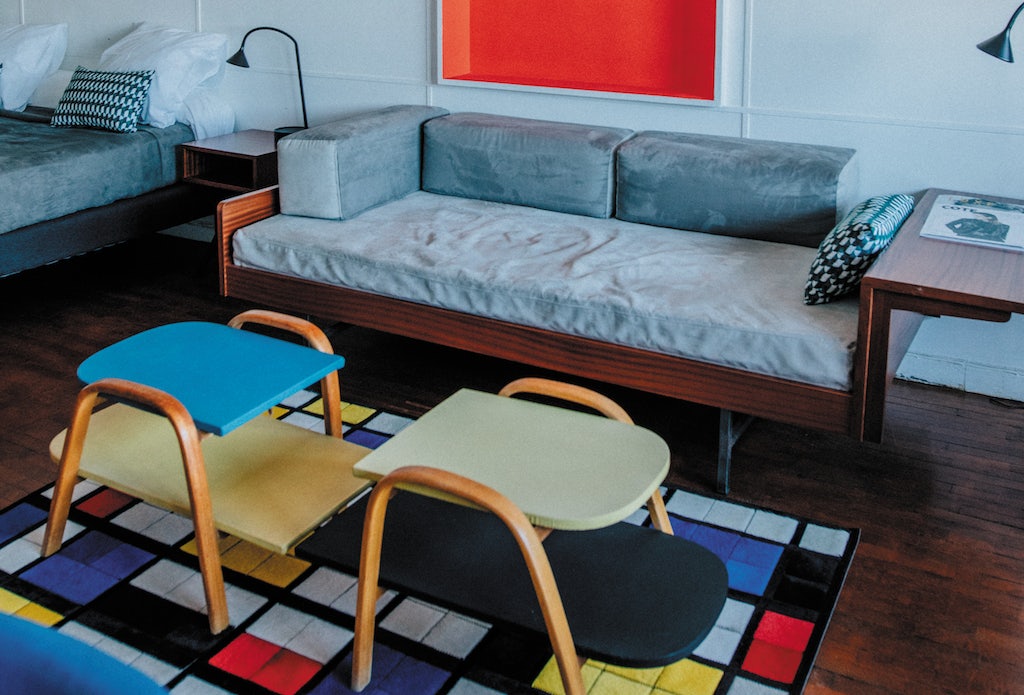 colourful and artsy styled room at the Hotel Le Corbusier