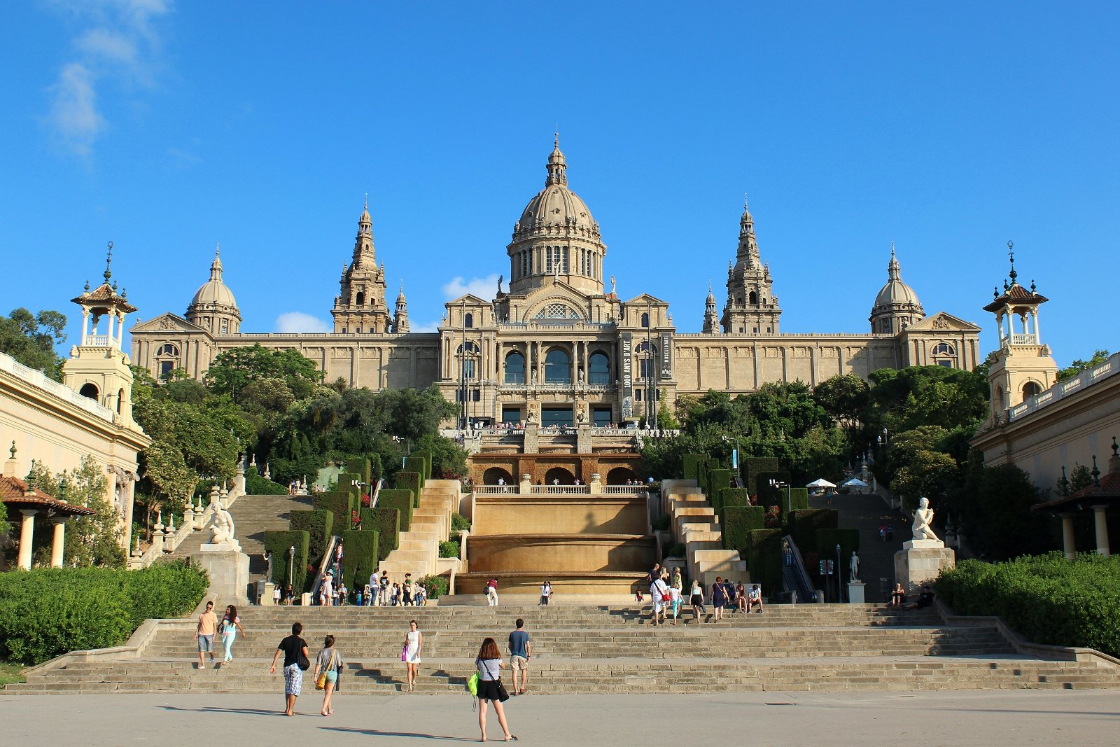 outside view of the Palau Nacional in Barcelona and the fountains in front