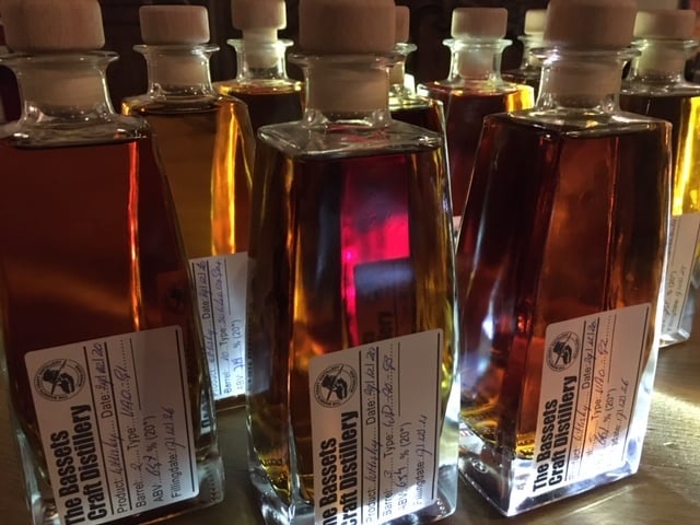 bottles of whiskey from the Bassets Craft Distellery