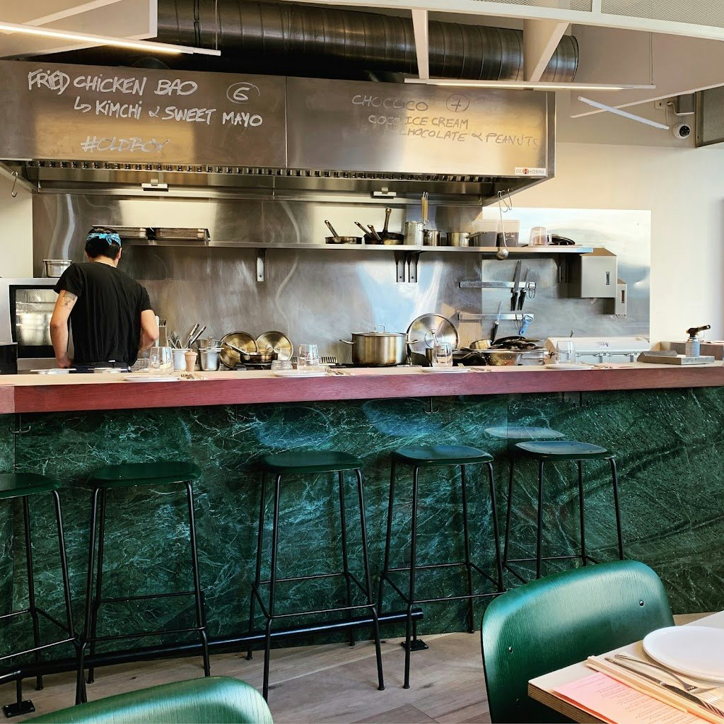 kitchen and bar at Old Boy restaurant in Ixelles