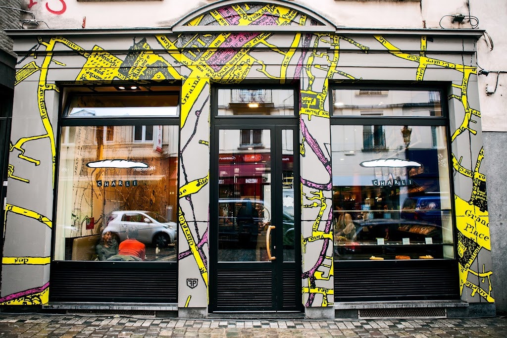 store front with graffiti of Charli Bakery in Brussels