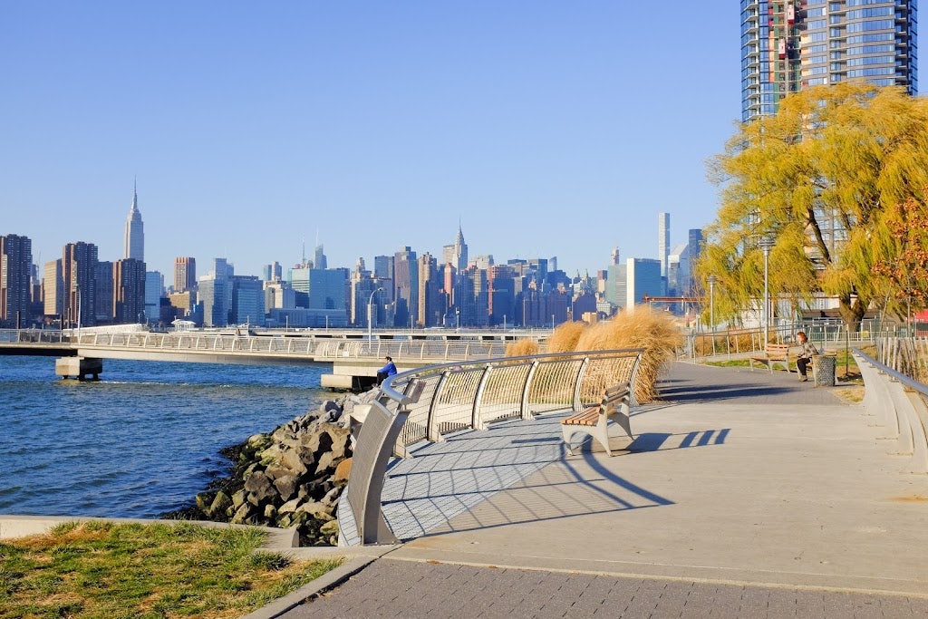 a sunny day and clear Manhattan skyline from WNYC Transmitter Park