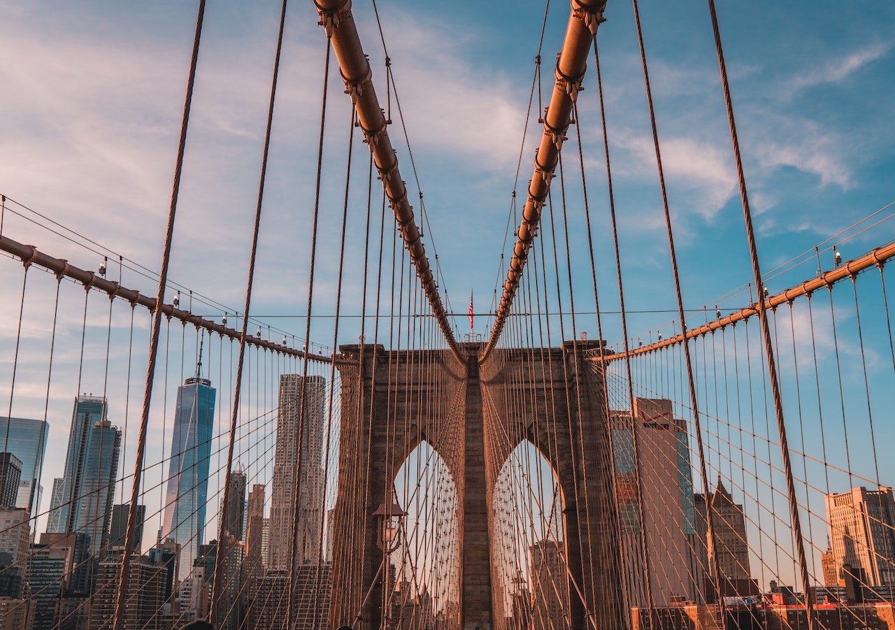 view of the Brooklyn Bridge and blue sky