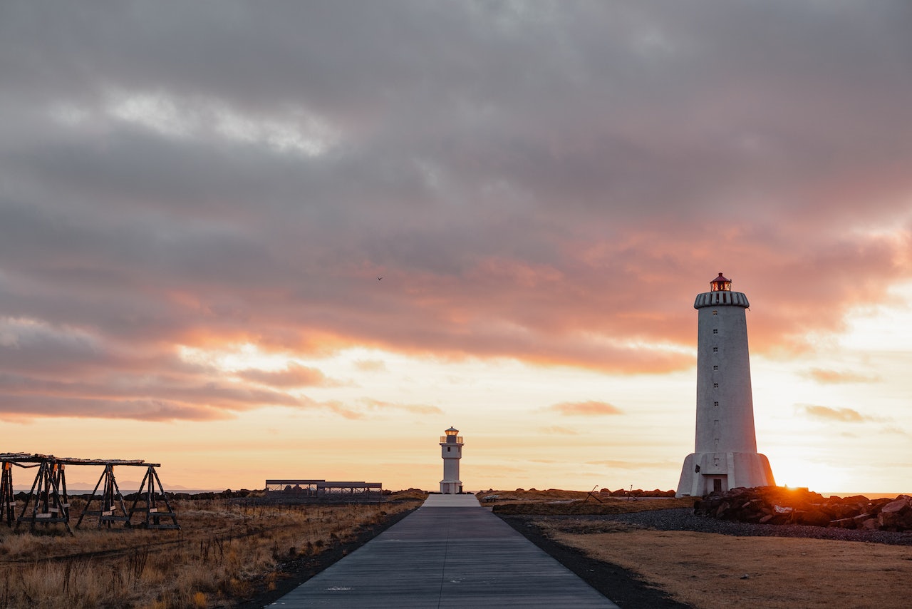 Akranas Lighthouse against a colourful sunset