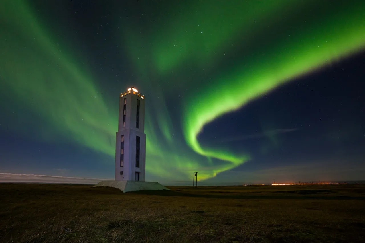 Knarrarósviti Lighthouse against Northern Lights