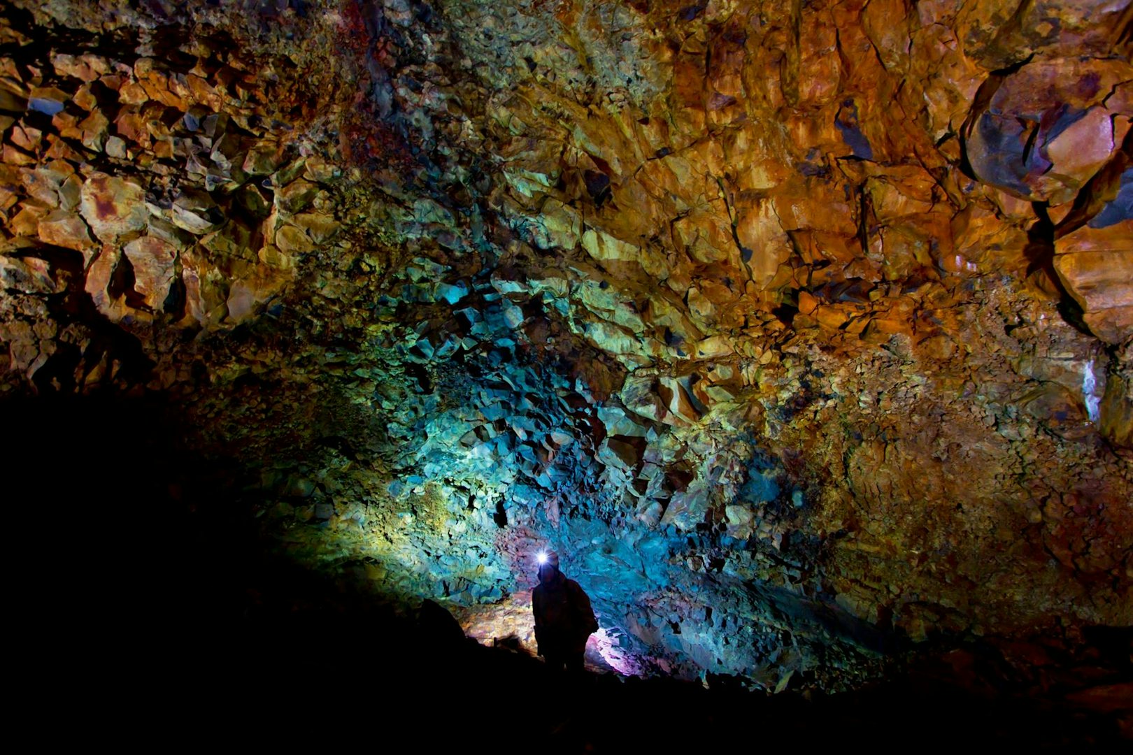 visitor exploring the inside of Thríhnúkagígur Volcano