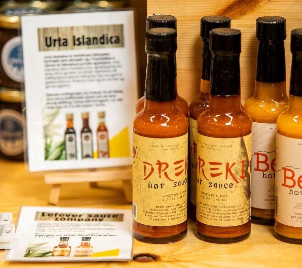 four bottles of Bera Icelandic hot sauce