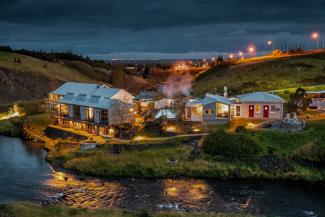 the stunning Frost and Fire Hotel by night