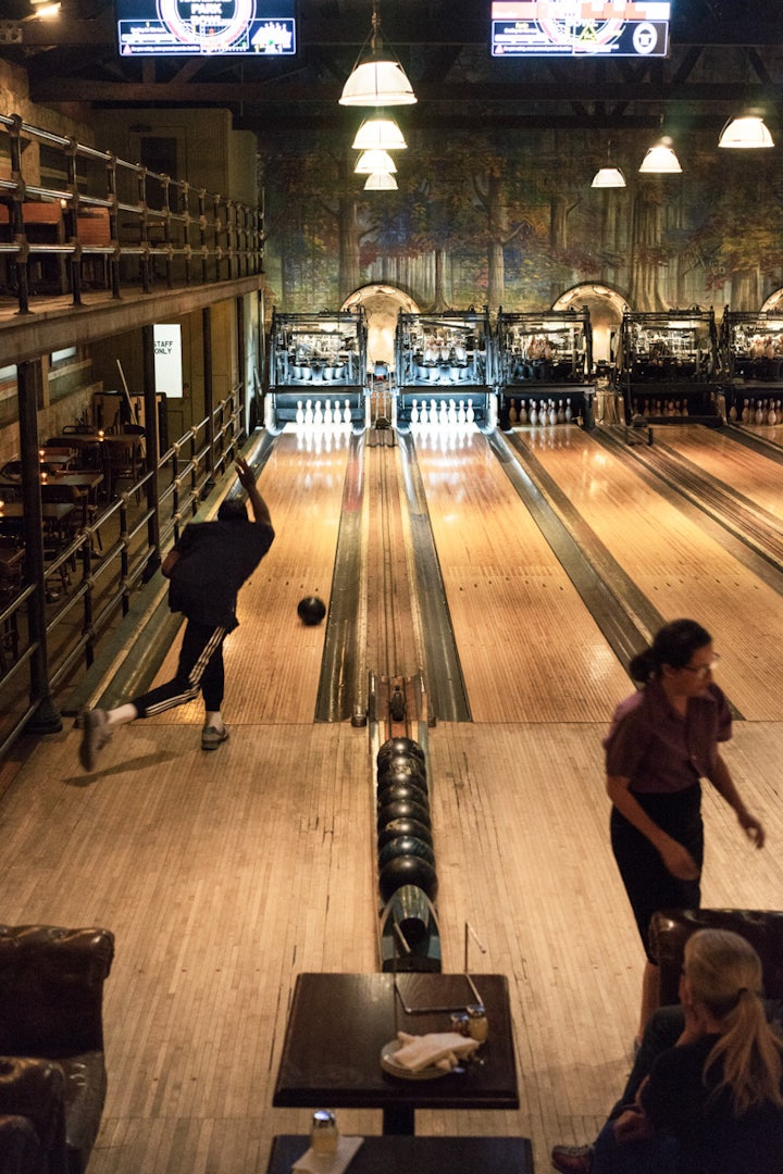 People bowling at Highland Park Bowl in Los Angeles