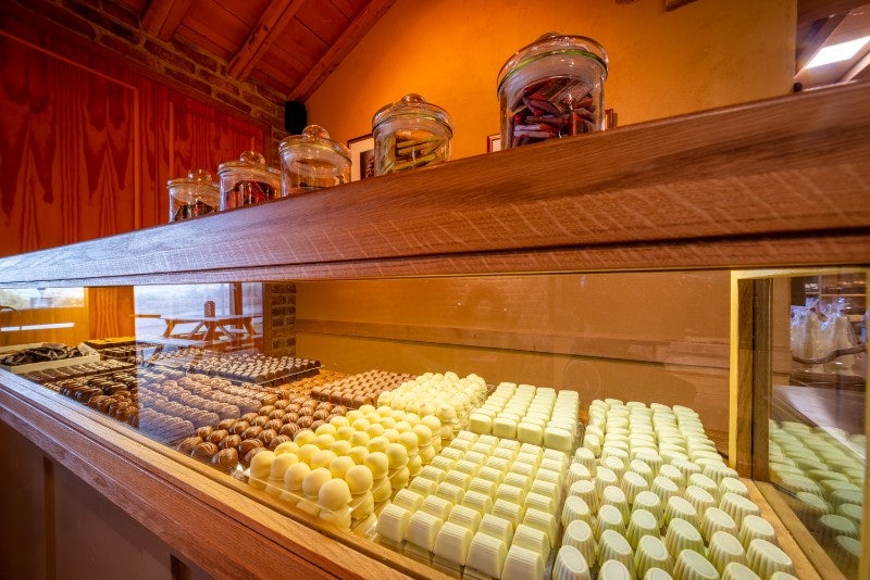 Chocolates on display at Defroidmont chocolatier in Belgium