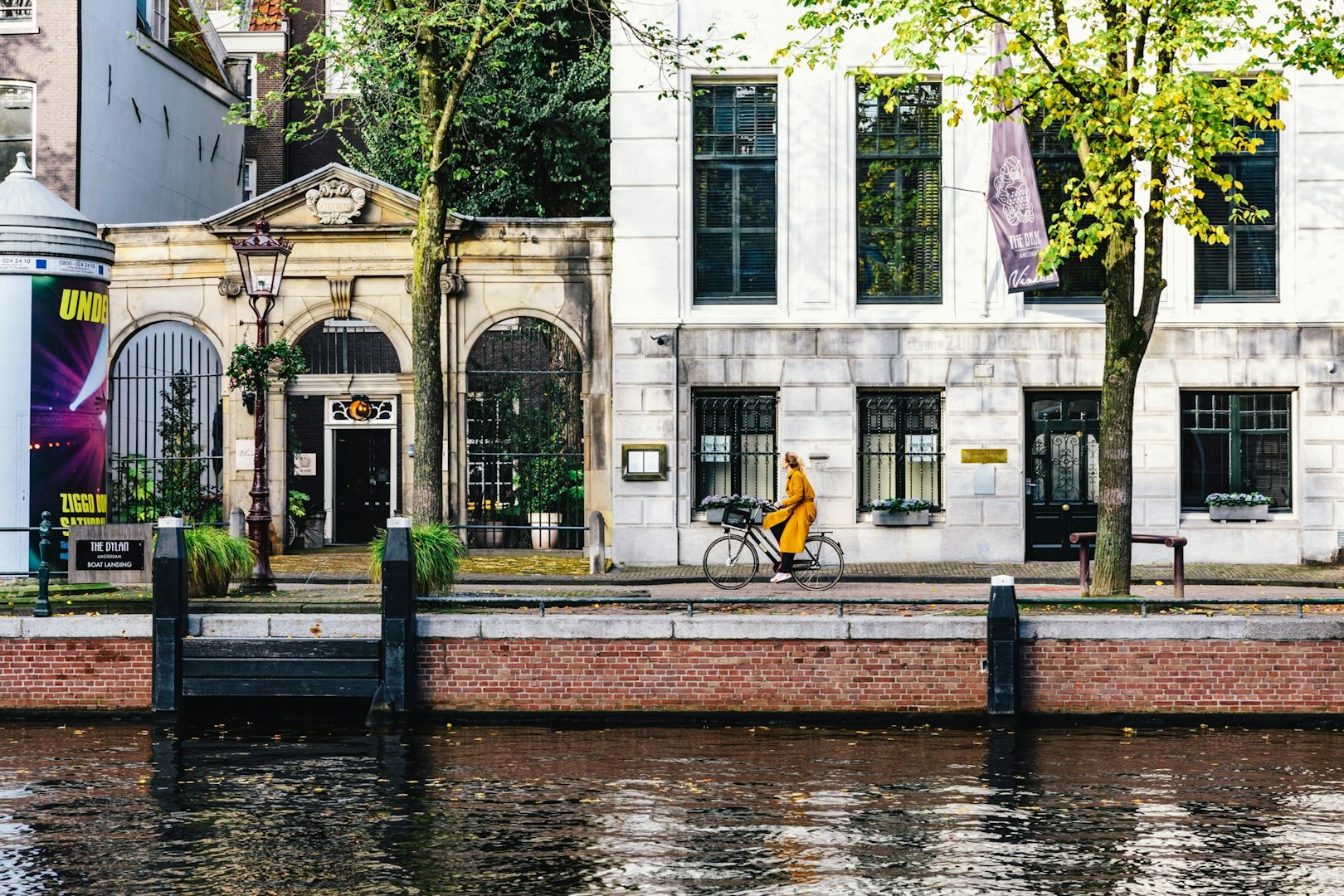 View of the Canal and the entrance of The Dylan hotel in Amsterdam