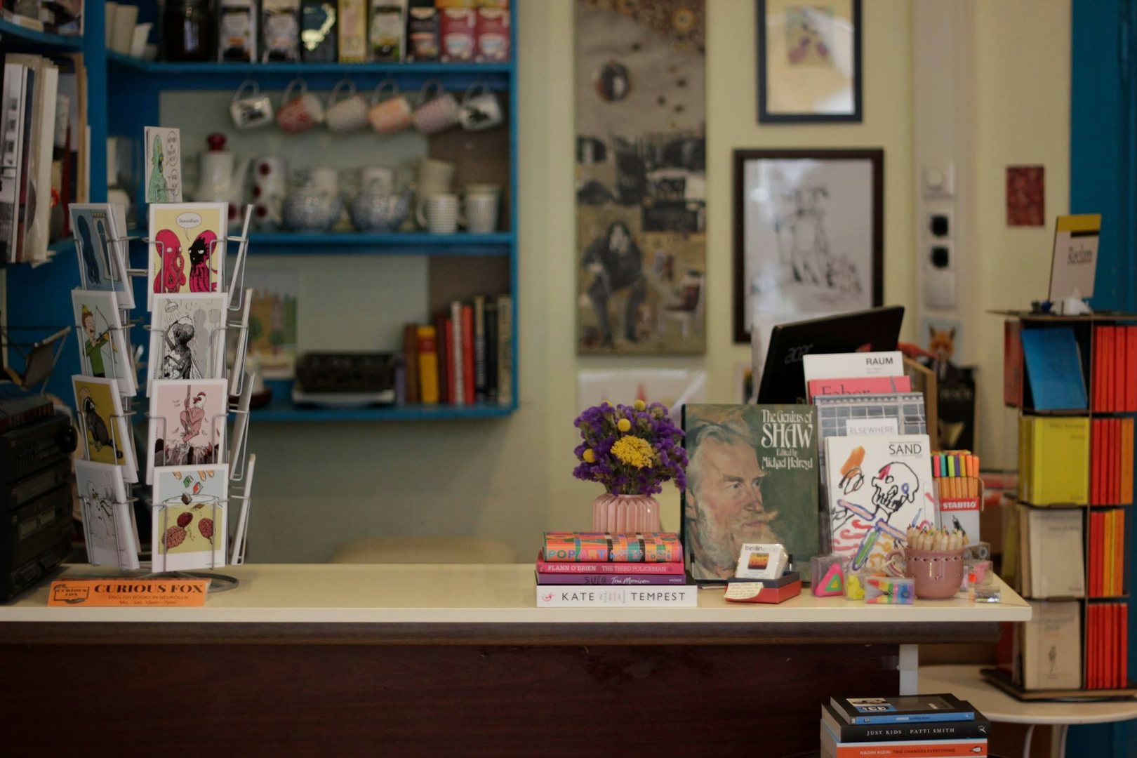 The check out counter at Curious Fox bookshop in Berlin