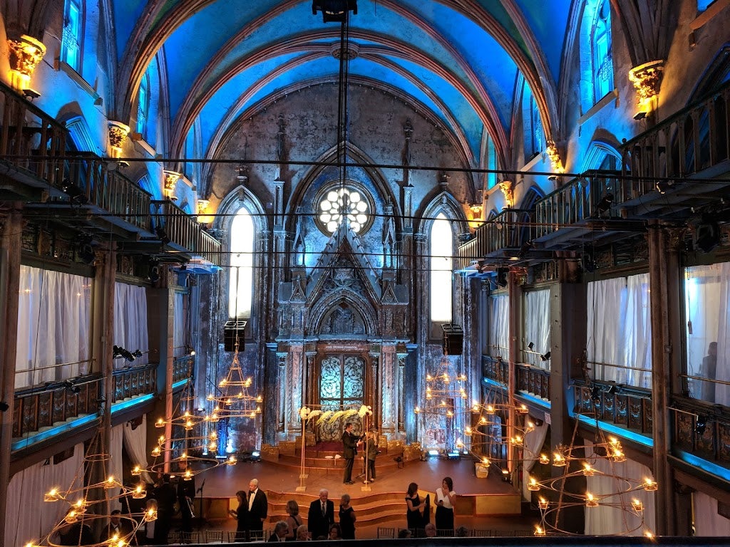 stunning blue-lit interior of the Angel Orensanz Foundation