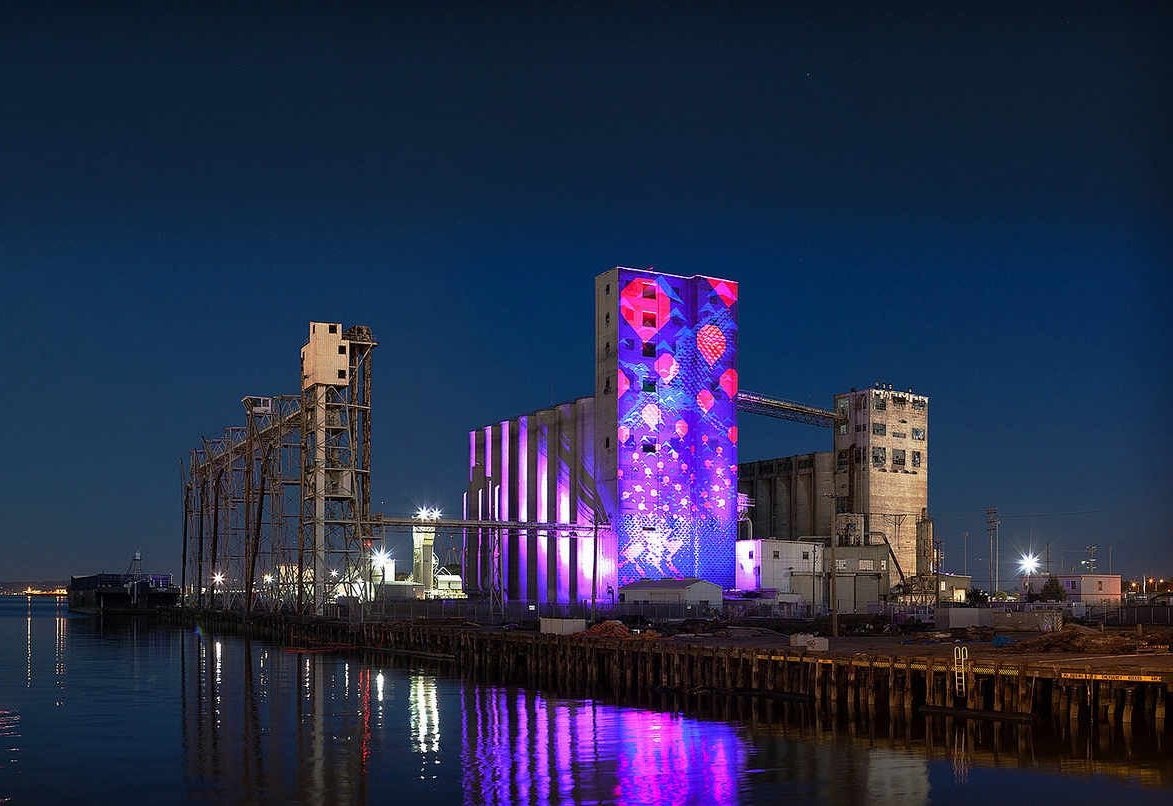 night view of the mural at Bayview Rise in SF