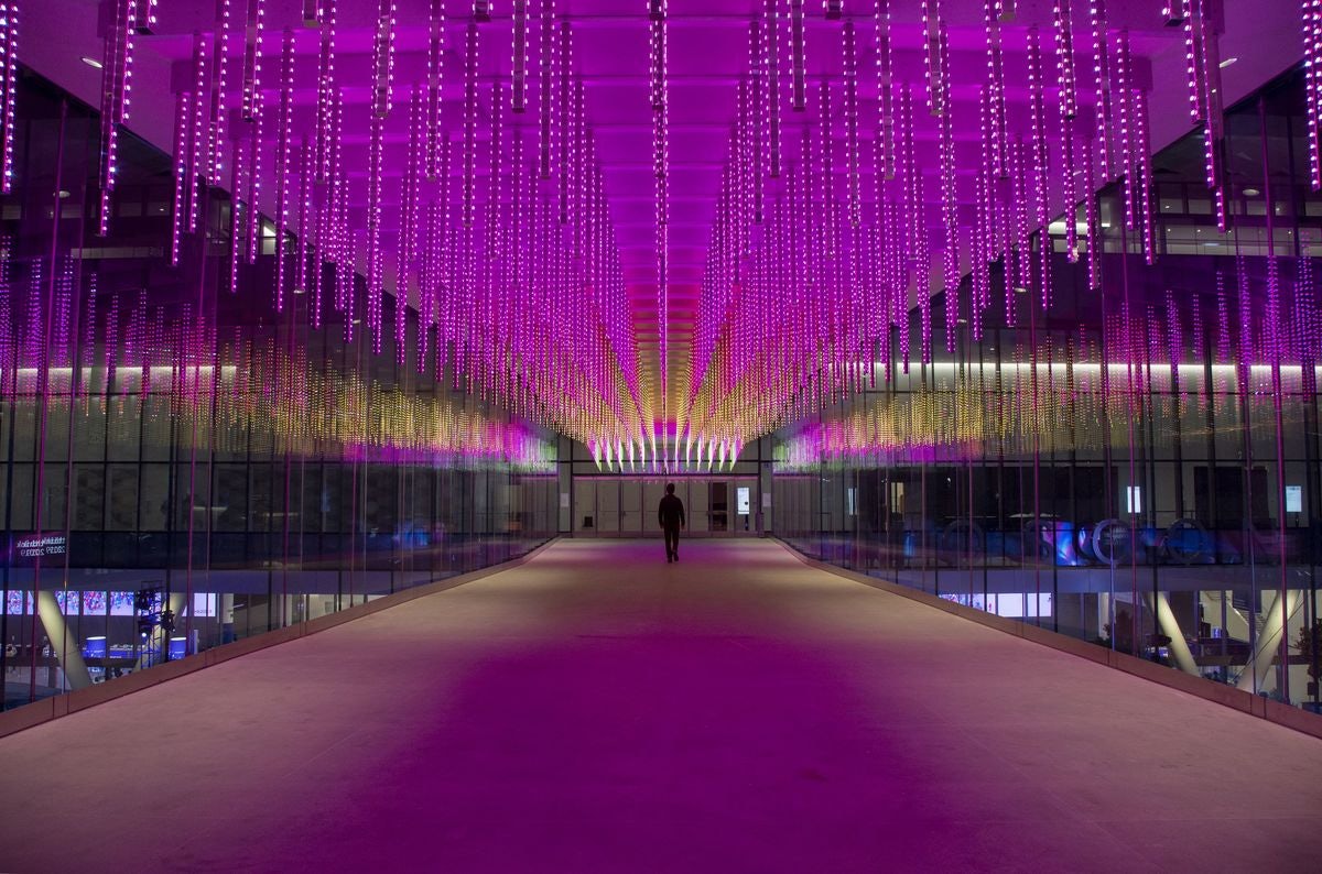 art installations called Point Cloud consisting of suspended pink lights in San Francisco