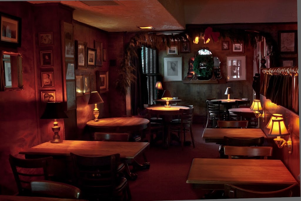 cozy, dim-lit interior of the Brazen Head restaurant